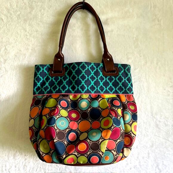 Lily Bloom Satchel Handbag Geometric Multicolor Boho Tote 14x14 EUC Large Purse - Picture 1 of 14
